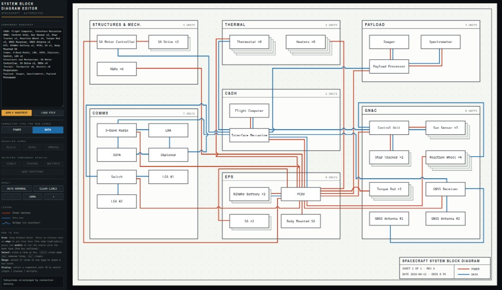 Claude Fable's initial Satblocks implementation with a dark sidebar editor